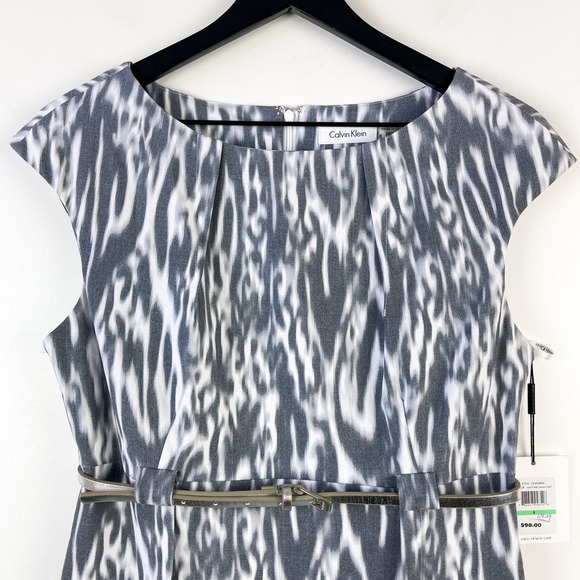 NWT Calvin Klein Womens (8) Knee Length Sheath Boat Neck Dress Gray Belted - Picture 2 of 12